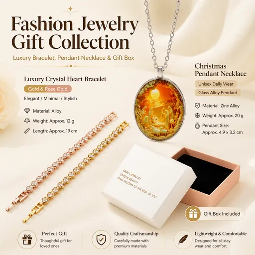 3 pieces Exquisite jewelry gift set -2piece Rhinestone Heart Link Bracelet Gold and rose gold and Nativity Scene Glass Pendant Necklace Set - Alloy and Zinc Alloy Construction, 19cm Bracelet with Sparkling Crystals, Oval Religious Pendant on Chain, C