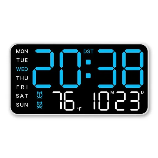 9.5 Inch Large LED Digital Wall Clock Dual Alarm Snooze Desk or Wall Mount - Blue