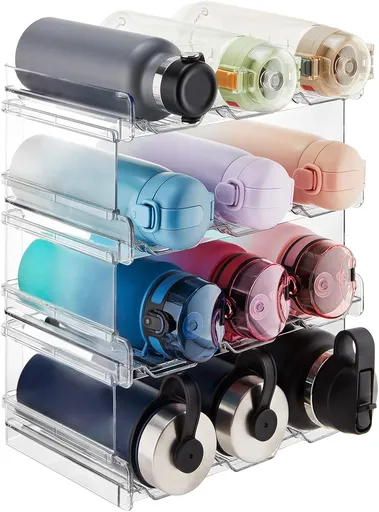 Stackable Water Bottle Organizer for Cabinet, Freezer, Pantry - Plastic Cup Holder, Wine Racks for Kitchen Tabletop Storage, Cupboard, Office - Pack of 4, Each Rack Holds 3 Containers