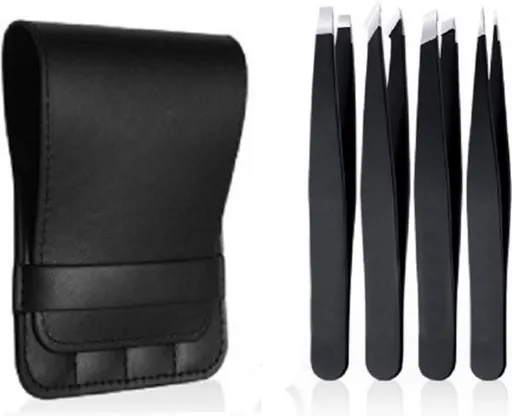 Eyebrow Plucking Tweezers Set | 4-Piece | Tweezers | With Luxury Storage Case | Black