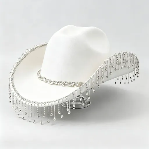 Western Cowboy Hat with Rhinestone Tassel Fringe - White Felt-Style Party Hat with Decorative Chain for Festivals, Weddings and Stage Outfits