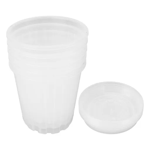 5 Set Orchid Pots with Holes and Saucers Breathable Clear Plastic Orchid Planter Plant Pot for Indoor Outdoor Garden Medium NF140 and 140 Transparent Saucers