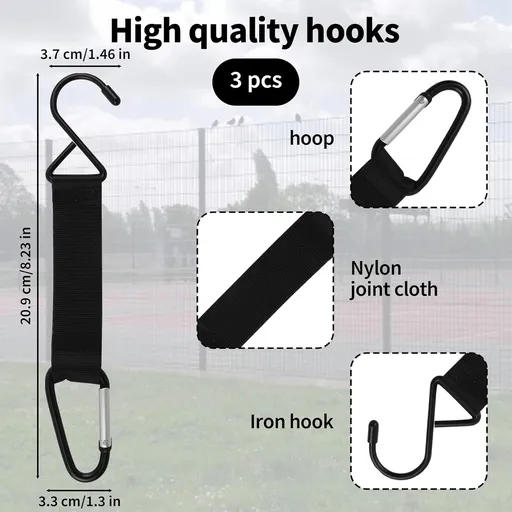 Carabiner Fence Hooks 3 Pcs Fence Hook for Tennis Baseball Bag, Nylon Safety Metal Buckle Hanging Hooks for Outdoor Sports Backpacks Water Bottles Camping Equipment