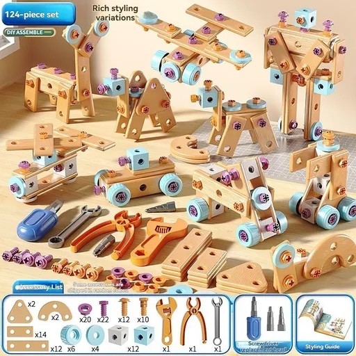 DIY assembly toy, wooden building set, electric drill toy for kids, educational construction toy, creative puzzle set, children's tool kit, Australian toy, hand-eye coordination toy - Multi - Size 124pcs
