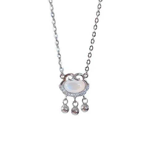 White Safety Lock Necklace Women'S Light Luxury Niche Design Sense Auspicious Clouds Longevity Lock Chain Gifts