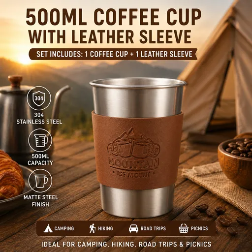 Silver 304 Stainless Steel Camping Coffee Cup with Leather Sleeve – 500ml Portable Outdoor Drinking Cup, Beer Cup, Travel Mug for Camping, Hiking, Picnic and Daily Coffee