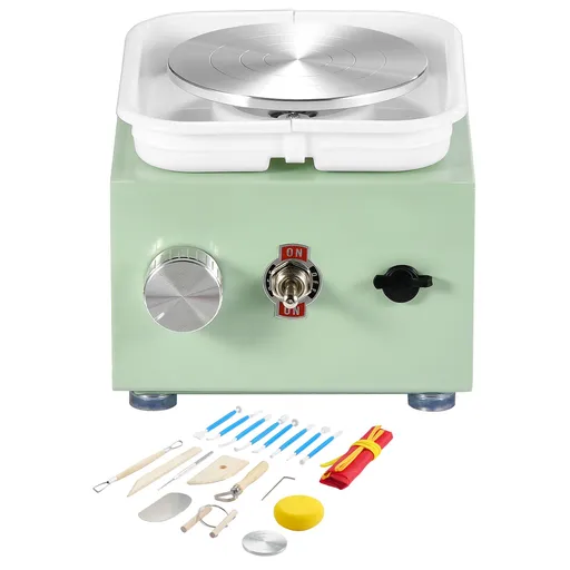 Mini Pottery Wheel, 0-320RPM Adjustable Speed Detachable Basin Forming Machine, 2.56in/3.94in 2 Turntables Electric Ceramic Wheel Machine, 18pcs Accessories, for Art Craft Work Home DIY, Green