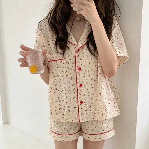 Apricot Base Cherry Size XXL | Bubble Crinkle Roomy Short Sleepwear | Halloween Sweet Relaxed Gift | Roomy Relaxed Fit Plus Size Homewear