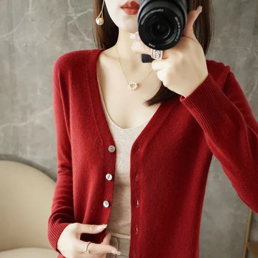 Women V Neck Knitted Cardigan Long Sleeve Sweater Wine red XL Size: XL; Height (cm): 170-175; Weight (kg): 60-65; Bust (cm): 94-98; Waist (cm): 78-82; Shoulder width (cm): 40; Length (cm): 64