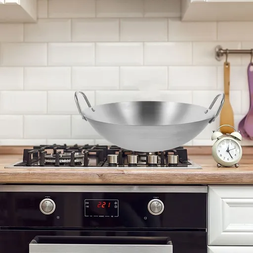 Heavy Duty Plated Silver Stainless Steel Wok for All Stoves - Easy to Move, Wide Use