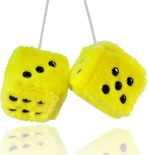 Pair 3” Yellow with Black Dots Mirror Fuzzy Plush Dice,Yellow and Black Soft Plush Car Decorative Hanging Ornament