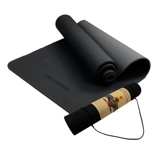 Powertrain 6mm Non-Slip TPE Yoga Mat Double Layer Exercise Pilates Fitness Workout Mat with Carry Strap - Black