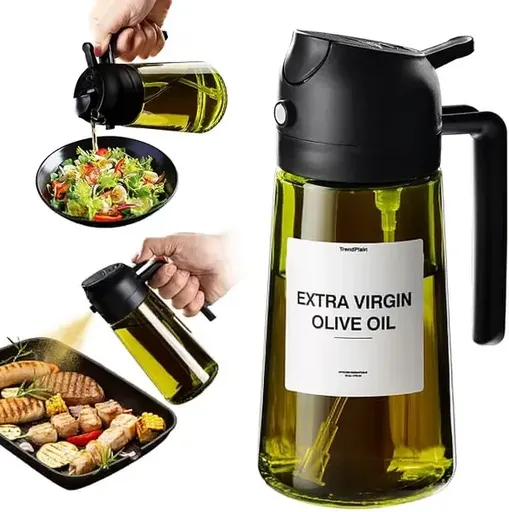 2-in-1 Glass Oil and Vinegar Sprayer Bottle with Adjustable Mist and Pour Spout for Cooking, Air Fryer Use and Salads, Black, 470 mL