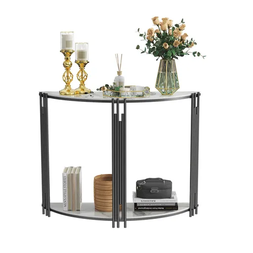 Half Moon Console Table Modern Chic Sintered Stone Double-Tier Glossy White and Black 100x78cm