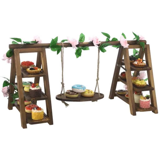 Wooden Multi-Tiered Dessert Stand with Swing and Flower Vine, A-Frame Foldable Wood Cake Serving Rack, 32" x 7.9" x 15.7" x 13.8" for Parties, Weddings, Buffets, Easy Assembly