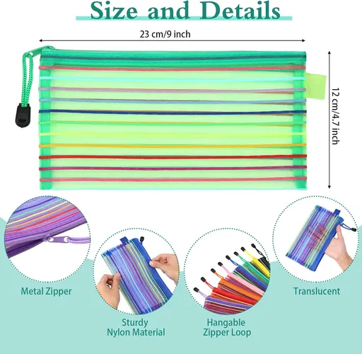 Glenmal 16 Pack Zipper Mesh Pouch Pencil Pouches Cases Multipurpose Storage Bag Travel Bags for Office Classroom Supplies Toiletries Cosmetic Puzzles Storage