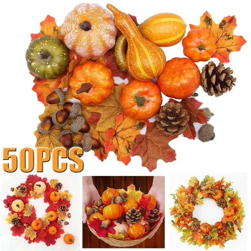 Thanksgiving Artificial Pumpkins Home Decoration Set, Mixture of 50 Artificial Harvest Decoration, 30 Fake Maple Leaves + 10 Fake Acorns + 2 Fake Pinecones + 8 Fake Pumpkins
