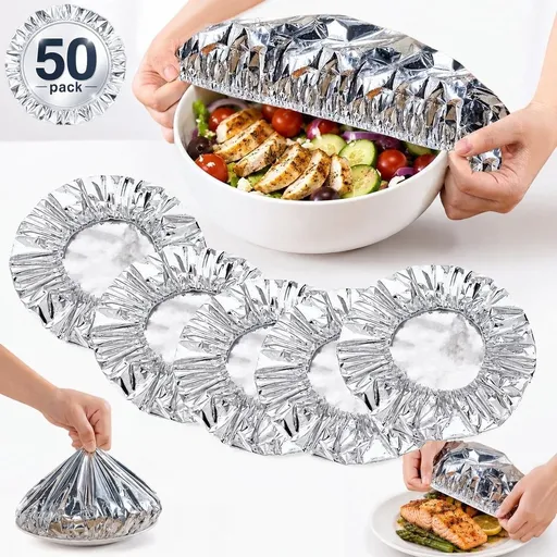 50 Pcs Reusable Aluminum Foil Food Covers, Elastic Bowl Covers, Microwave Food Cover for Bowls, Plates, Fruits & Leftovers, Heat Resistant Insulated Food Covers for Kitchen, Picnic & Home