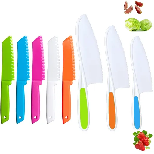 Kids Plastic Kitchen Knives 8 Pcs Colored Knife Set Children's Safe Cooking Knives Child Proof Knife with Serrated Edges for Kids Beginners Fruits, Bread & Vegetables Kitchen