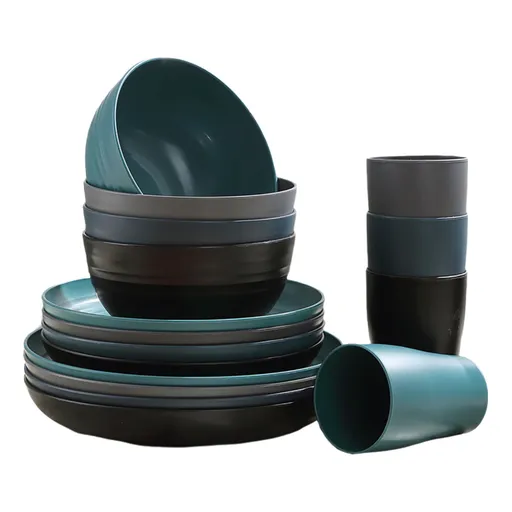 16 Pieces Kitchen Dinnerware Set, Service for 8, Dinner Plates, Dessert Plate, Cereal Bowls, Cups, Colorful Plastic Outdoor Camping Dishes Green