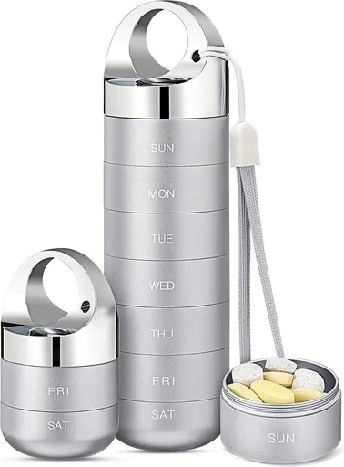 Metal Travel Pill Box, Portable Waterproof Weekly Pill Box, Large Aluminum Alloy Pill Holder, for Vitamins, Fish Oil, Supplements, Grey