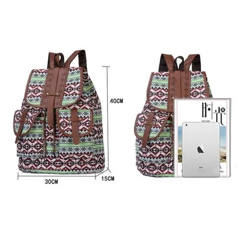 Canvas Backpack Retro Tribal Pattern Brown Gray Leather Straps
