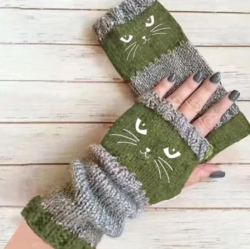 Warm Spliced Half Finger Gloves Fashion Knit Hand Palm Guard Mittens 2 Pcs Cat Head Green Pattern Perfect Christmas Gift