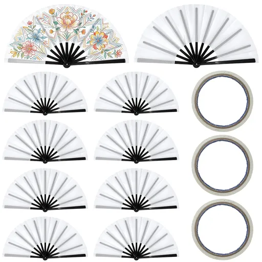 10PCS Sublimation Blank Handheld Folding Fans with Plastic Ribs and Double-Sided Tape, 24.8" DIY Craft Fans for Heat Transfer Printing, Folding Fan Large Clack Handheld for Party Dance Wedding