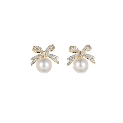 Vintage Ribbon Pearl Earrings Elegant Jewelry for Women Fashion Accessories Gift - White