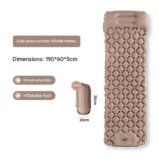 Khaki Single Outdoor Foot Pump Inflatable Sleeping Pad （190 x 60 x 5 cm ）- 40D Nylon Camping Air Mattress with Built-in Pillow and Double Valve - Portable Moisture Proof Mat for Hiking Backpacking