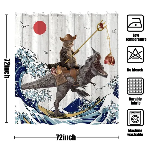Funny Cat Dinosaur Shower Curtain Fun Cool Cat Japanese Ocean Wave Waterproof Fabric Shower Curtains (72''×72'', Brown)