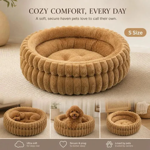 Detachable Round Pet Bed, Thick Warm Moisture Proof For Small Medium Dogs, Coffee Faux Rabbit Fur S Size