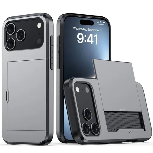 For iPhone with Card Holder Black Heavy Duty Protective Dual Layer Shockproof Hidden Card Slot, Slim Wallet Case for iPhoneMen&Women - Gray - Size iPhone 17