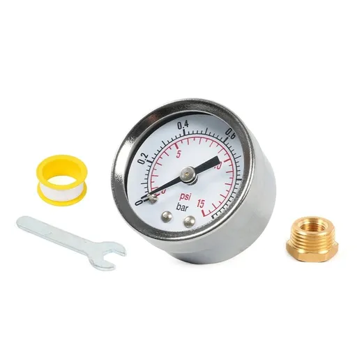 Double Scale Pressure Gauge 1/8' NPT 0-15PSI 0-1Bar Metal Fuel Pressure Gauge and Wrench Adaptor Kit Center Back Mount