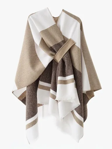 European and American minimalist cross-tie plaid cape cloak, acrylic warm versatile autumn winter outerwear fashion piece(Deep khaki)