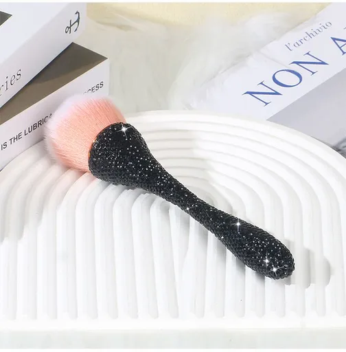 Handmade Rhinestone Powder Brush for Makeup and Nail Dust Cleaning, Soft Fluffy Nylon Bristles with Gradient Pink, Elegant Waist Design for Daily Beauty and Salon Use (Black)