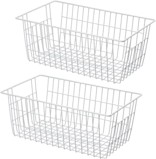 2Pcs Wire Storage Baskets,Metal Storage Basket for Organizing,White Wire Storage Freezer Baskets for Closet,Bedroom,Bathroom,Office