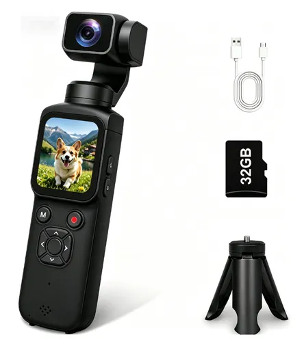 AT-M105 Pocket Gimbal Vlog Camera, 4K HD Handheld Video Camera，black，32GB