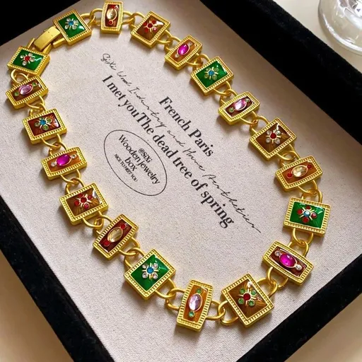 Gold Necklace with Colorful Stones | Halloween Festive Vintage Gift | Rainbow Floral Rhinestone Necklace Vintage Elegant Jewelry