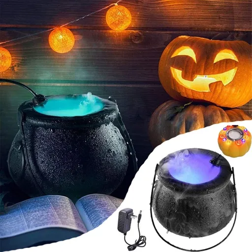 Fog Machine Halloween Mist Maker 5.5 Inch Witch Cauldron Kettle with Handle 12 LED Lights Atomizer Mini Mister for Outdoor Parties Decoration