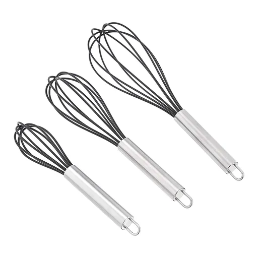Whisks Stainless Steel & Silicone Non-Stick Coated Small Whisk Set 8" 10" 12" Kitchen Wisk Wire Whisks for Cooking 3 Pack, Black