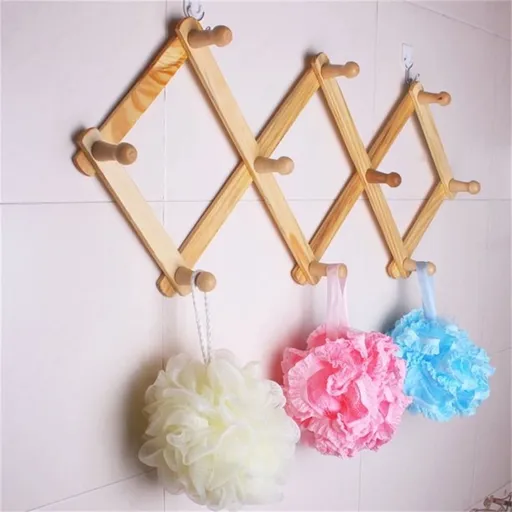 Style Wood Expandable Hat Rack, Accordion Wall Hanger for Cap, Belt, Umbrella Coffee Mug, Wood Color