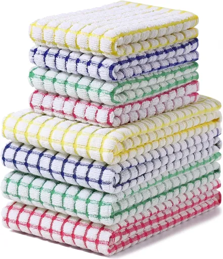 Kitchen Towels and Dishcloths Set, 16 x 25 and 12 x 12 Inches, Set of 8 Cotton Terry Kitchen Dish Towels, Super Soft and Absorbent Dish Cloths, Blue/Yellow/Red/Green