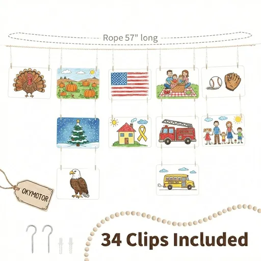 57" Wooden Bead Photo Hanging Display with 34 Clips, Boho Wall Decor for Kids Artwork, Family Photos & Cards