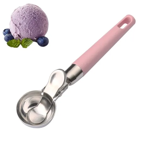 Ice Cream Scoop, Stainless Steel Ice Cream Scooper Melon Ball with Trigger, Non Stick Fruit Ball Scoop Kitchen Tool (Pink)