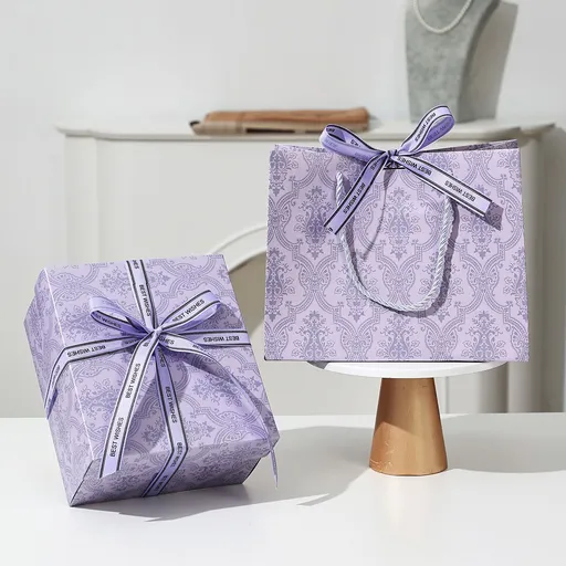 3 piece medium size Purple Gift Box Set with Gift Bag & Raffia Fill - Premium Empty Present Packaging Box for Birthdays Weddings Baby Showers and Special Occasions