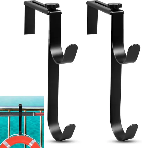 2Pcs Adjustable Pool Pole Hanger, Double Pool Hooks for Poles, Mental Pool Fence Hooks for Hanging Pool Equipment Hooks, Pool Pole Hooks for Pool Skimmer Pole Pool Hose, Wall Pool Tool Holder (Black)