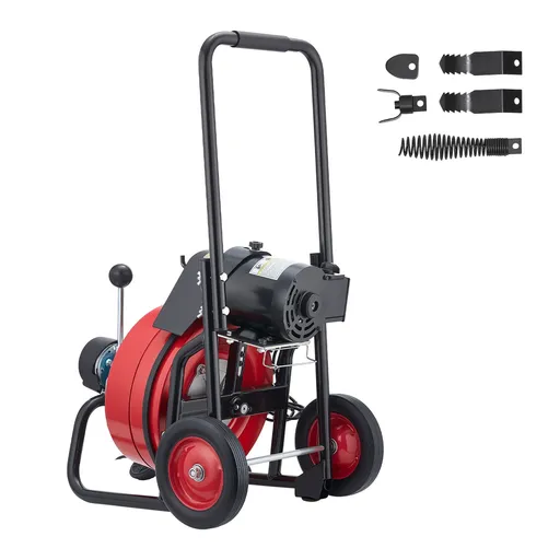 Drain Cleaner Machine 30m x 9.5mm, Auto Feed Sewer Snake Auger on Wheels, Portable Drain Cleaning Machine with 4 Cutters & Air-activated Foot Switch for 50mm to 100mm Pipes