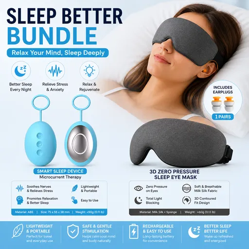 Sleep Aid Combo Set - Blue Portable Microcurrent Handheld Device and Grey 3D Zero Pressure Eye Mask with Earplugs, USB Rechargeable Relaxation Tool for Travel and Home Use