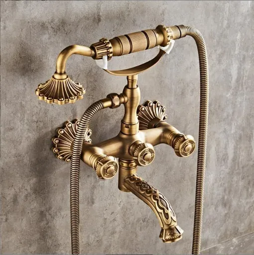 Clawfoot Bathtub Faucet with Handheld Shower – 2-Function Wall-Mounted Tub Faucet Set, Dual Cross Handles, Brass Hot & Cold Vintage Shower Faucet Set for Bathroom Sink - Bronze - Size A